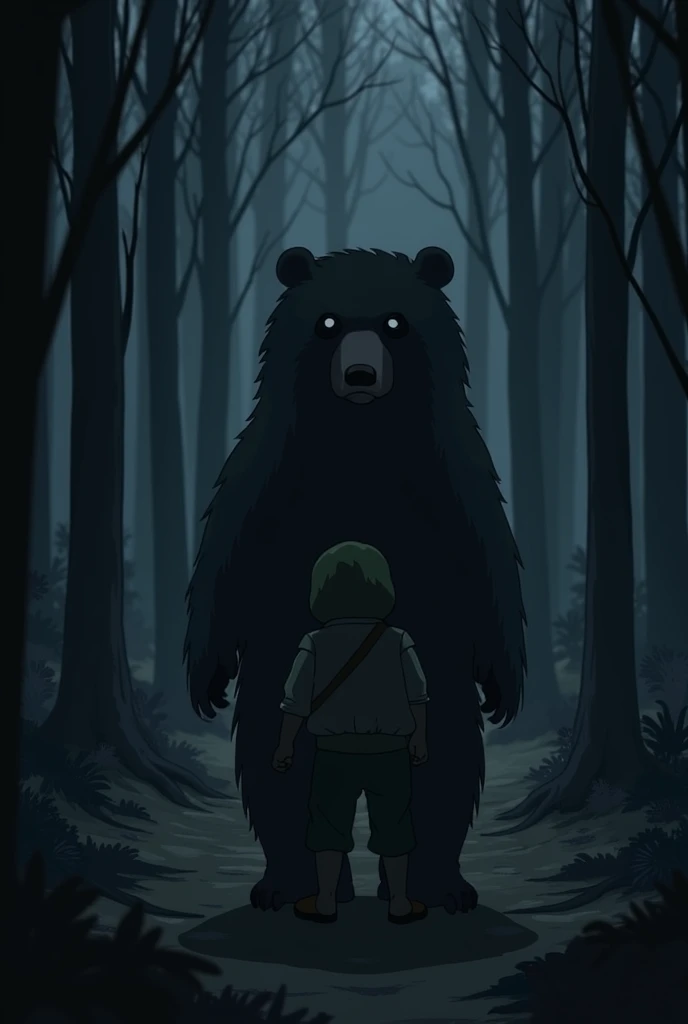 "The bear starts to leave after a brief stare-off with Ramoo. The forest is still dark, but the bear’s silhouette fades as it walks away into the trees. Ramoo looks exhausted but relieved, while Shyamu watches in awe from behind Ramoo."