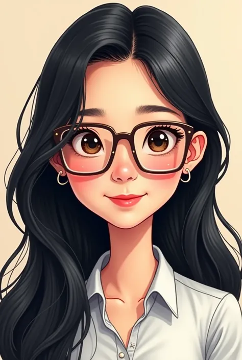 cartoon asian girl, black long hair, big giant square glasses with thin line, small brown eyes, smiling, wearing office outfit