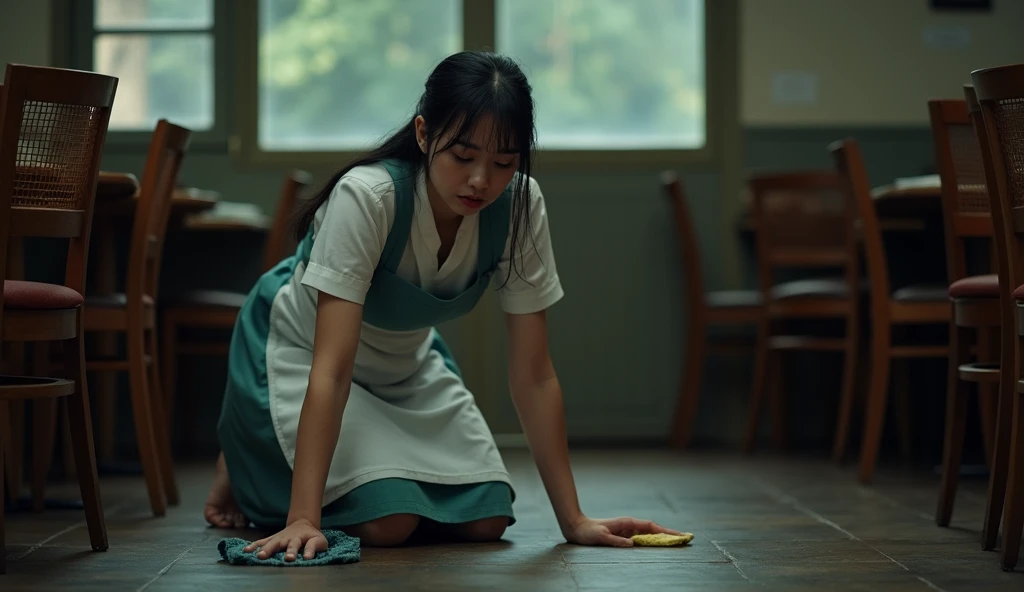 A heartfelt scene of a waitress in a modest restaurant, kneeling on the floor while cleaning with a damp cloth. Her face is tear-streaked, expressing sadness and exhaustion. The dim lighting of the restaurant casts a somber atmosphere, with overturned chai...