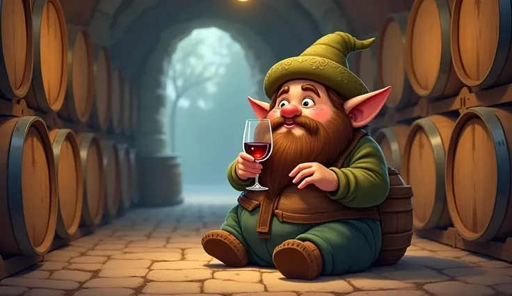 A beautiful fantasy art type illustration, with pastel colors, representing a chubby elf with a good-natured, bearded face, with a brown beard, wearing an Andean-looking cap. You are inside a wine cellar, with barrels stacked, sitting on a barrel and with ...