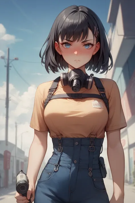 1woman, Petite Figure, Medium Hair, Black Hair, Breasts, Blue Eyes, Full-face Blush, Expressionless, Tsundere Face, Wearing a Casual Clothes and Respirator, Looking at Viewer, Suspect, Standing, Holding a Flashlight, Set in a Post-apocalypse with dark clou...