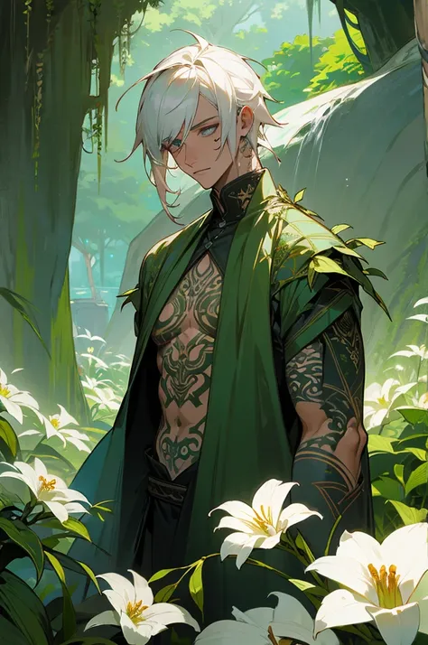 1male solo, white_hair, tattoos, grotto, verdant, flowers,