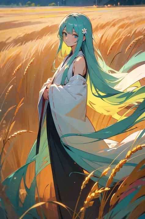 masterpiece, best quality, ultra highres, detailed illustration, portrait, detailed, 1male standing in wheat field, solo, long hair, dress, flower, white hanfu, smile, full body, white flower, bare shoulders, very long hair, aqua hair, closed mouth, facing...