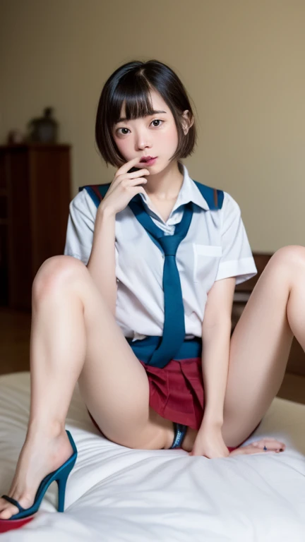 ((( shameful expression :1.5)))、((Kind Face:1.5))、(((sexy School uniform:1.5)))、(((spread legs:1.5)))、((stiletto heels:1.5)))、(( raise skirt yourself :1.4))、(( panties:1.2))、( table top in bed,  top quality :1.2), 8k, 18 years old, 85mm,  Official Art,  RA...