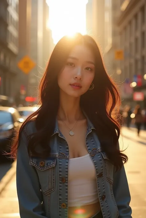 A hyper-realistic image of a 29-year-old Korean woman with porcelain-fair skin and ethereal beauty, standing gracefully in the golden sunlight. Her long, silky black hair flows in soft waves, perfectly framing her delicate and symmetrical facial features. ...