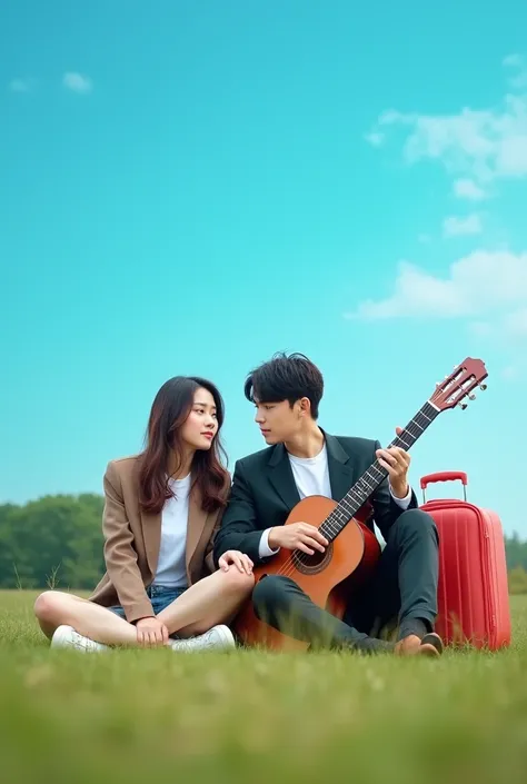 The image is a still from a Korean drama. It shows a young couple sitting on a grassy field with a blue sky in the background. The man is holding a guitar and the woman is sitting next to him with her legs crossed. They are both smiling and looking at the ...