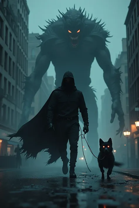 picture of a pitch black city, The Masked hero is trapped in an enemy trap. A small black dog with glowing eyes, helps the masked hero. The background of the pitch black city center has no light and there is a monster that is releasing a net from its mouth...