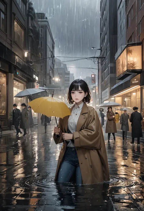  realistic photograph , 4K,   high-quality rouás ,  professional photo , Royal Style,  Girl with short black bob , Long FRINGE, , minissaia jeans,  brown jacket white collar ,  black ball , delicate face, ( City streets flooded ),(rainy night with fog),  t...