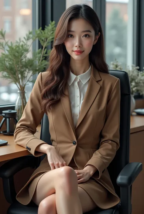 Top quality. 8K. Beautiful young girl. She is 30 years old. Slender woman. Straight hair. Long hair. Officeial lady. Officeial worker. Realistic skin texture. Chest circumference 86cm，Waist 59cm，Hips 86cm. Beautiful legs. Slender legs. Realistic light brow...