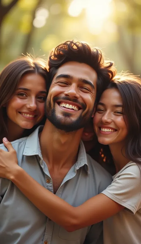 Happy young adult man surrounded by his family,  hyper realistic . 