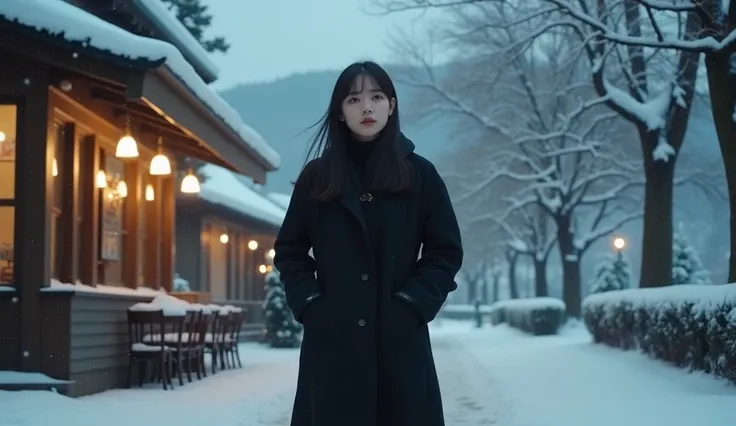 snowy.This is a front view of BTS Kim Tae-young walking down the street in front of the cafe, a full-body photo of her putting her hands in a black long coat, showing a sincere love for her, and trying to endure her crying, with the cafe lights and snow-co...