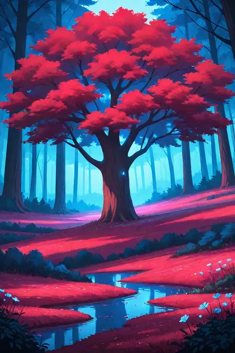 forest scene, big tree in center, small bushes across whole scene, flowers of red and blue colors are present