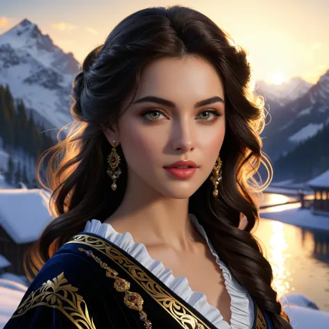 Mountains, Snow, Dark Hair, Hazel Eyes, Baroque Beauty, Natural Beauty, belladonna, shadowed cell, cell saded, dynamic lighting, DDIM, WLOP, Unreal Engine, global illumination, intricate detailed environment, intricate painting, HD, Razumov Konstantin, Vla...