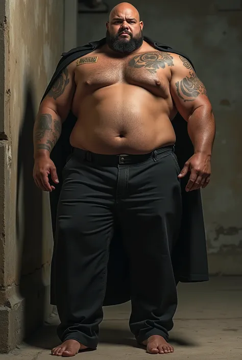     Muscular and fat Maori man  , negro ,   sturdy body   ,  Wear lawyer clothes,    rest against a wall    , hes barefoot  ,   Let your whole body   ,      you have a short beard and are bald    ,     Can you see your underwear   ,   You can see your ches...