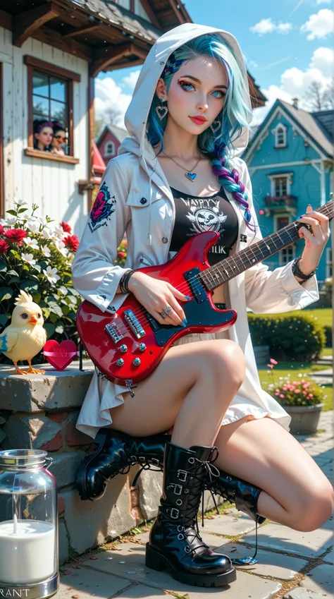  A punk rock sister， Attitude Strength ，Avant-garde， Sky Features ， Sunlight Object ，Hooded，Snow Boots ， Double Guitar Solo ，slim，Valentine， Light Black Rock ， Rainbow Stone Arm Color ， Sapphire Eyes ， Vibrant ， natural light， deeply detailed expression ， ...