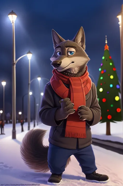 Larry (zootopia), wolf, gray fur, (brown body:1.3),  beautiful blue eyes , Moscow, Dressed, winter jacket , pants,  winter shoes , scarf,  sobachiy,wolf, detailed fur, male,  second ,  pads , plays, at the viewers , 5 fingers, paws, 4 fingers,  walks aroun...