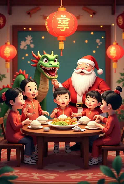 Ask for a picture of a room with a touch of style,Chinese New Year,Christmas,family,eat rice,Chinese dragon,Santa,china dragon 