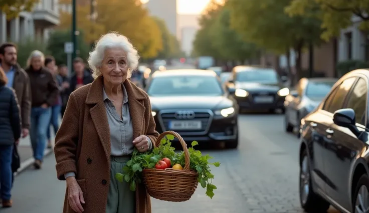 "An elderly woman in her 70s, carrying a basket of vegetables, walking through a wealthy neighborhood. She is suddenly confronted by a group of young, wealthy girls who start pushing and hitting her. The street is filled with onlookers, including people fr...