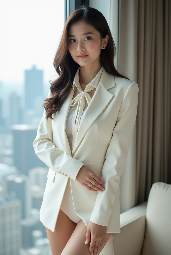  white suit jacket ,  blouse and string panties 、 high heels by Miguel、 Perfect figure、 very beautiful、Japanese politicians、 side tie micro panties、 female politicians 、Top floor of a high rise apartment building