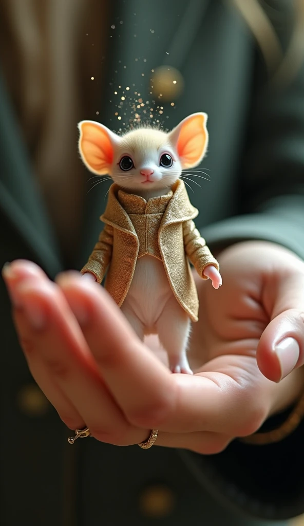 A tiny, magical creature with sparkling eyes and a soft, glowing coat sits perfectly balanced on the elegant fingers of a human hand. The creature wears an exquisite, miniature suit made from shimmering fabrics, and the hand itself is adorned with delicate...