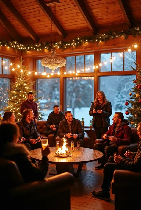 {
  "prompt": "A lively New Years celebration at a cozy country house (dacha) for 2025, hosted by the real estate group Orzuyim Group. The scene shows 3 women and 15 men, including the director of the group, celebrating in a festive and relaxed atmosphere....