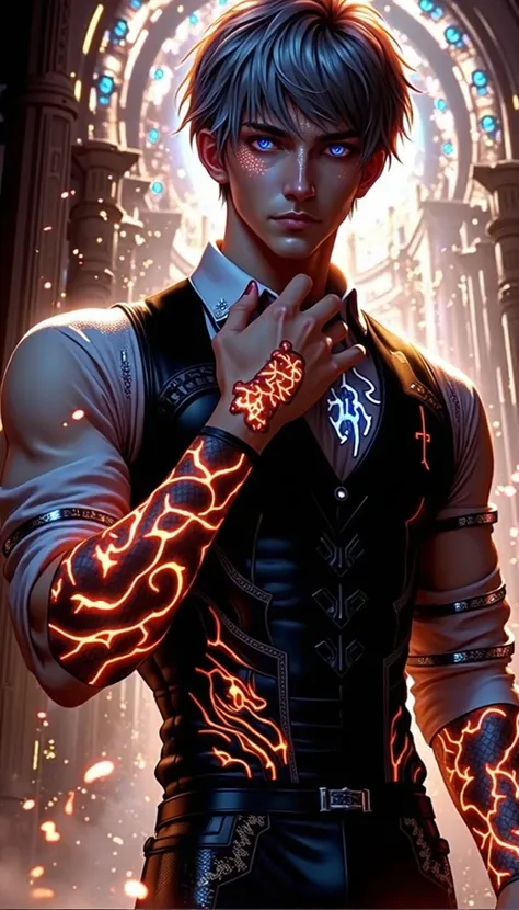 "A powerful Black male superhero with a muscular physique, glowing nerves across his body emitting a mystical red and blue aura. He has glowing wristbands and a halo-like structure above his head radiating energy. The character is dressed in futuristic, tr...