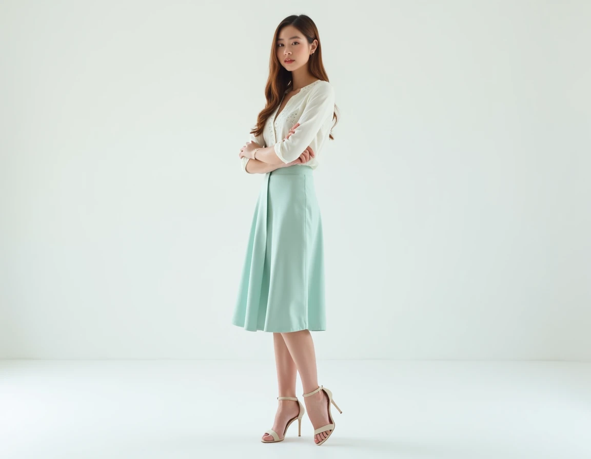 A young woman standing confidently with her arms crossed, wearing a white blouse with subtle patterns and a light turquoise skirt. She is also wearing high-heeled sandals. The background is plain white, emphasizing the subject. The pose is side-facing with...