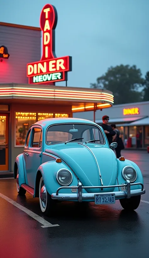 An immaculately restored 1960s Volkswagen Beetle parked in the middle of a retro diner parking lot. Neon signs from the diner reflect off its glossy pastel blue paint, and its rounded shape contrasts beautifully against the sharp-edged architecture of surr...