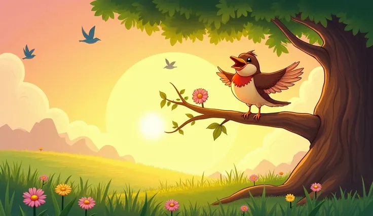 A vibrant cartoon-style scene of a cheerful sparrow perched on a tree branch with her wings spread wide. She is chirping joyfully, surrounded by a glowing sunrise in the background. Below the tree, a lush green field with colorful flowers is visible, and a...