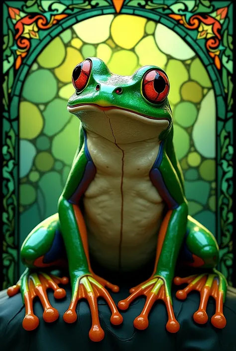 a close up of a  stained glass  picture of a Frog,   an elaborate painting inspired by Louis Comfort Tiffany on the theme of frogs,  trending at CGSociety , Art Nouveau,  stained glass  art,  stained glass  style, Frog perspective, portrait of a Frog, psyc...