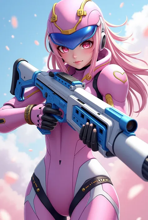 8k, top quality, masterpiece, ultra high-resolution, a vibrant and dynamic illustration of an anime-style female character. She is emblazoned with pink and white hues, with pink being the dominant color, lending a soft, airy quality to her attire. The char...