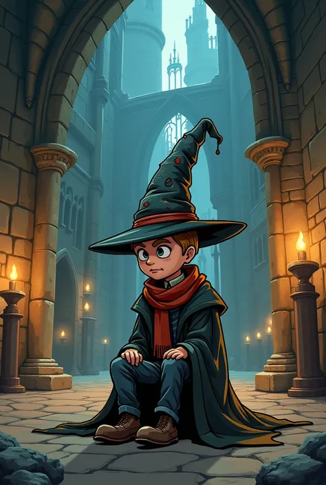  Hogwarts distributing hat ,made of gary potter , lying alone in cartoon style, inside an ancient castle