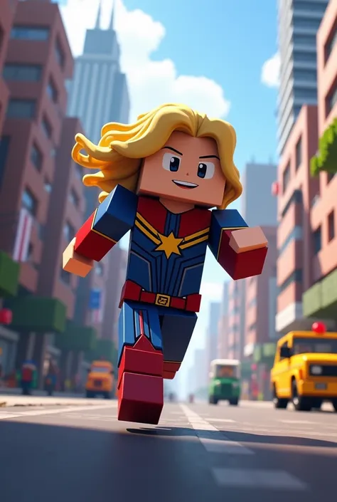 Anime, captain marvel running in Minecraft city