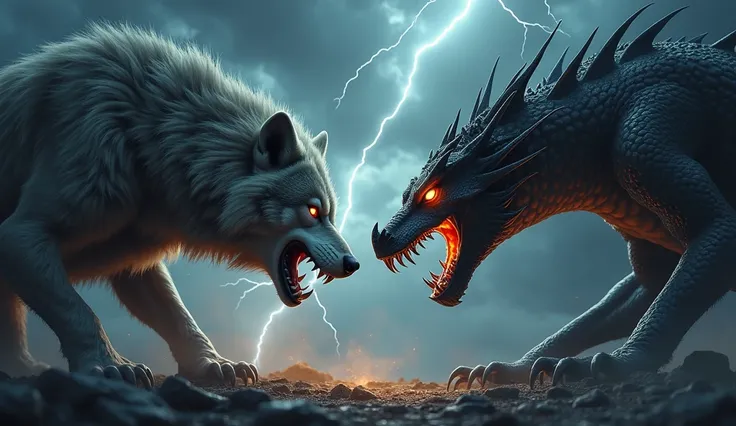 "A ferocious wolf and an intimidating dragon face each other in an intense standoff, their bodies tensed with anger. The wolfs sharp fangs are bared, and the dragons fiery eyes glow menacingly. The background is dark and stormy, with lightning striking the...