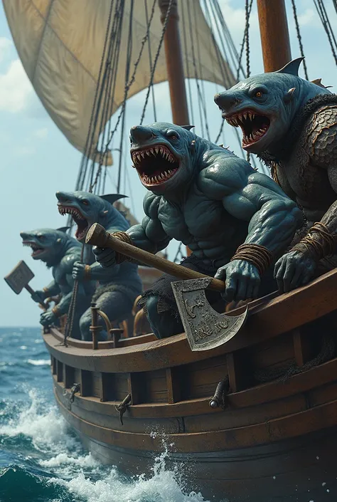 A group of Humanoid Sharkmans, Head look like Hammer Sharks , Carrying Axe and sword , inside a sailing ship,