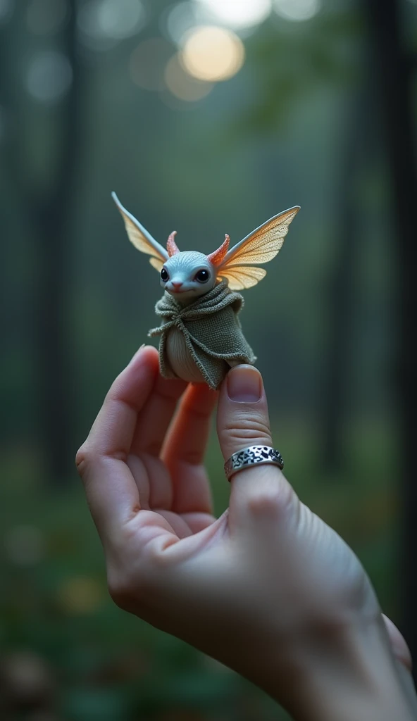 3. "A small, mythical creature with delicate wings resembling those of a butterfly perches on the tips of a human hand’s fingers. The animal wears a finely embroidered cloak, its threads glistening with a faint glow. The hand, adorned with a simple yet ele...