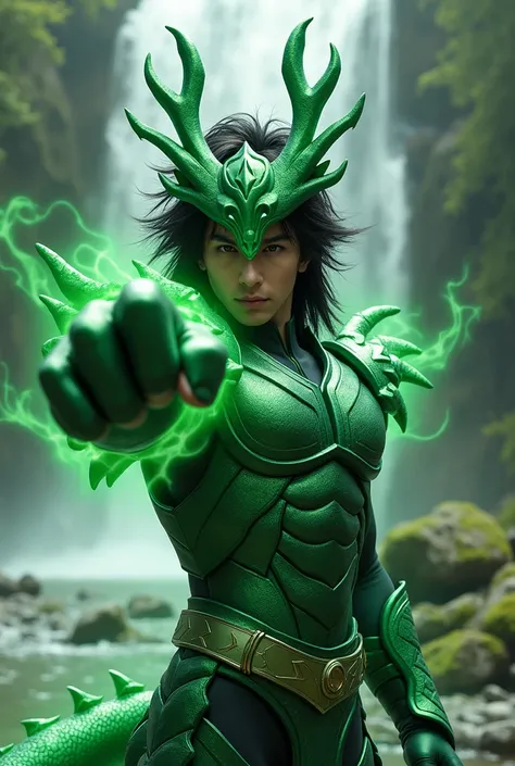 4D realistic image A dashing and burly handsome young man with a look like Dragon Shiryu from the anime film Saint Seiya in real life. wearing a helmet in the shape of a shiny green dragons head. He had long, black, back-length hair that flowed neatly, wea...