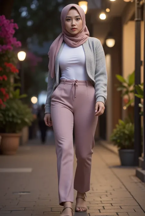  A beautiful Indonesian woman, wearing t-shirts and cardigans
and wearing trousers wearing a fasmina hijab,  and wearing flat sandals ,  walking on the sidewalk at night . Under a super high quality ,  decorated with colorful flowers .  lower wide angle sh...