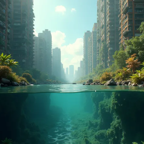 Genre: Realistic, Fantastic

 Location: Totally submerged in water, collapsed city

 Perspective: From a slightly elevated vantage point, the composition blends collapsed buildings, tangled vegetation, and the surface of the water.

 Characteristics of the...