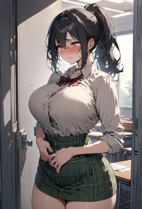 top quality, masterpiece,  high res, 8k,  anatomically correct human body,  1 girl, Alone,  expressive dark brown eyes, mature woman, ((( ponytail))), ((( black hair))),  Big Breasts High School Girl,  uniform with green plaid miniskirt, (((cowboy shot))),...