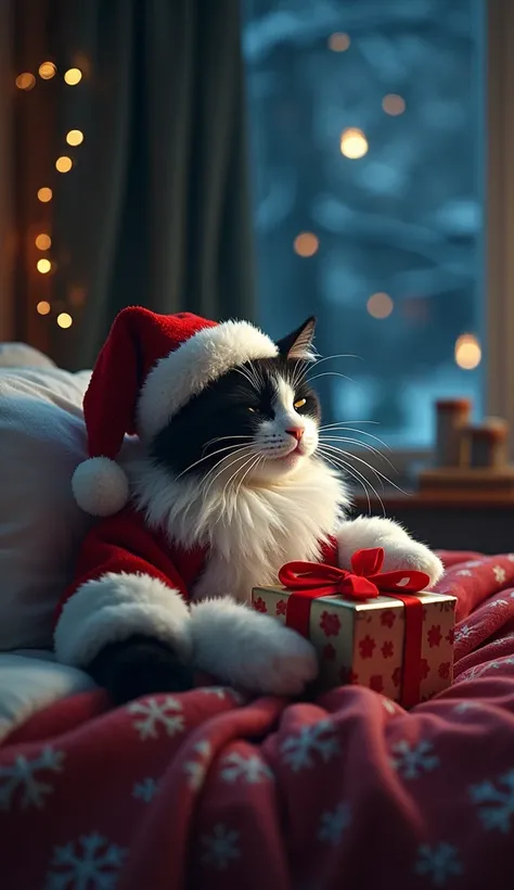 Christmas night, a black-and-white father cat dressed as Santa Claus places presents under the pillow of a kitten sleeping in bed like a human, outside the window in the middle of the night, realistic depiction