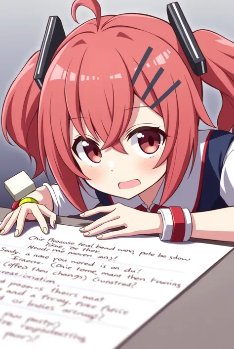 Make an art of Kasane Teto looking down erasing her notes