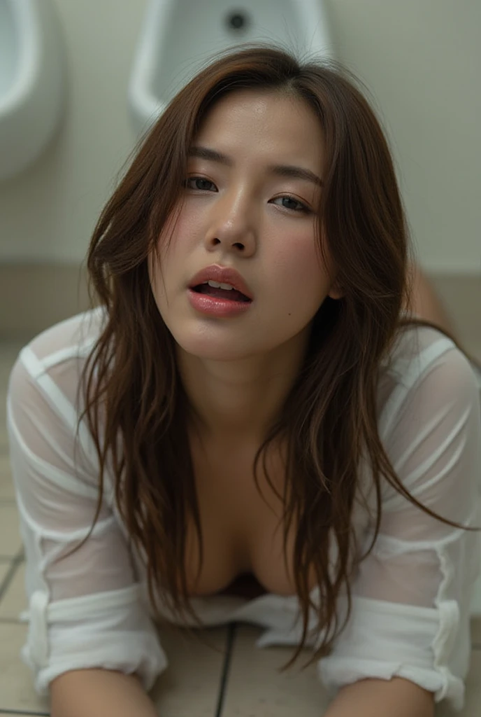  beautiful brown-haired woman , Inside a Japanese public toilet,  in front of urinal ,Sleep on the toilet floor,Open chested white shirt , (( head back break screaming orgasm )) ,  sharp focus with eyes closed  , ( 8K Ultra HD :0.8),  ULTRA DETAIL,  RAW am...