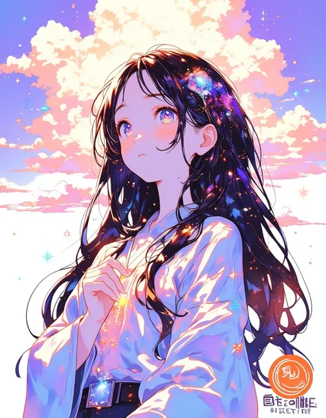 picture of a girl with long hair and a heart, anime style mixed with fujifilm, extremely fine ink lineart, sky witch, tumblr, conceptual art, inspired by Itō Shinsui, anime style portrait, inspired by Eizan Kikukawa, anime girl with cosmic hair, anime draw...