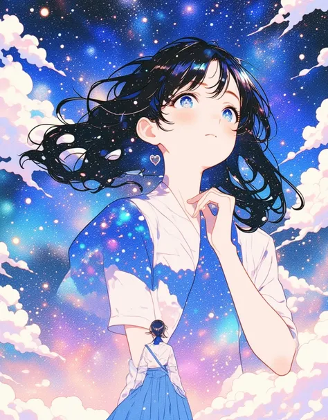 picture of a girl with long hair and a heart, anime style mixed with fujifilm, extremely fine ink lineart, sky witch, tumblr, conceptual art, inspired by Itō Shinsui, anime style portrait, inspired by Eizan Kikukawa, anime girl with cosmic hair, anime draw...