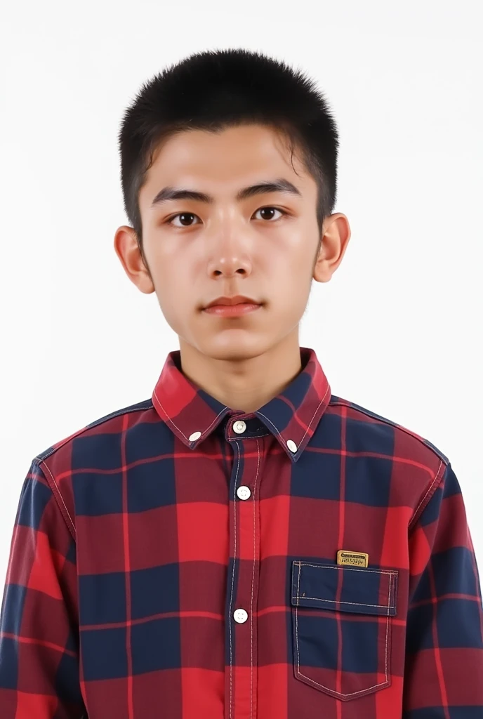 A boy，简单干净的Short hair， white background，Wearing a red and blue plaid shirt，使这个男生拍一张类似ID photo的照片, so we can see her whole face very well， looking at the camera ，Front view，，Formal Professional Style ， white background一寸ID photo， HD，Frontal shot，No shadow，E...