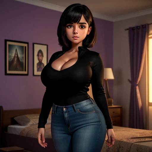 Dark nightmarish movie style, a petite cute shy innocent slightly chubby with monstously huge fat size breasts Mexican nerdy emo teen, short volumetric hair, beautiful detailed brown eyes, cutely detailed lips, super cute highly detailed eyes and face, rou...