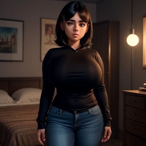 Dark nightmarish movie style, a petite cute shy innocent slightly chubby with monstously huge fat size breasts Mexican nerdy emo teen, short volumetric hair, beautiful detailed brown eyes, cutely detailed lips, super cute highly detailed eyes and face, rou...