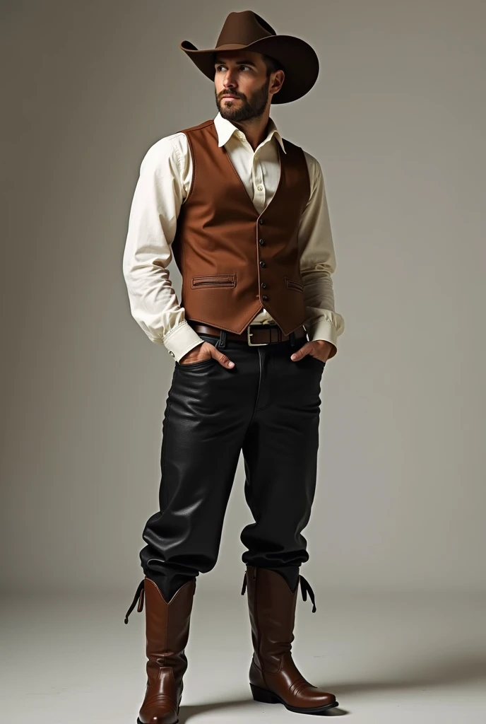  take a picture of a man dressed as follows  : gile brown hugging vest in a vintage white shirt  ,  black leather pants with wide tube and loose pants double breeches brown cowboy boots with a height of 25cm ( panties with a tube width of 25cm )