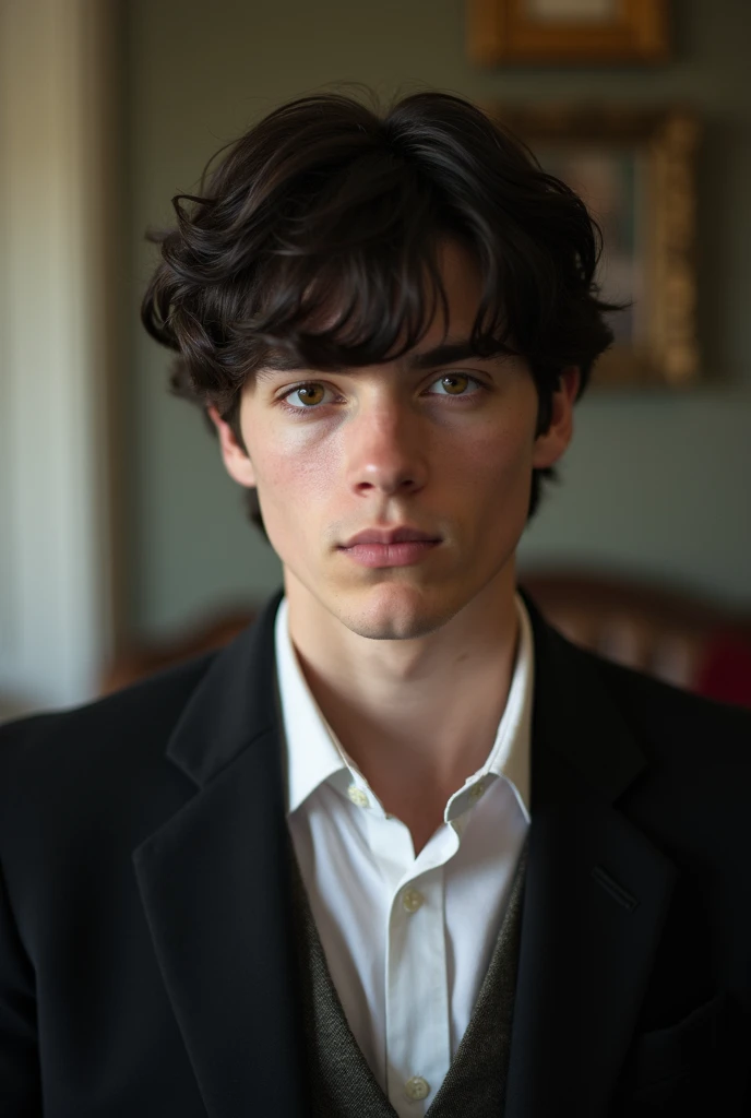 A tall, very good-looking 16-year-old British white boy whose dark straight hair fell into his eyes with a sort of casual elegance 
looks rather haughty and bored, but very handsomely so.
Is carelessly handsome and has slightly arrogant face 
Loping with e...